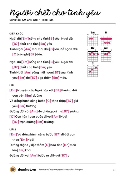 Hợp âm Người chết cho tình yêu (LM VAN CHI) – bản nhạc PDF trang 1, tông Em