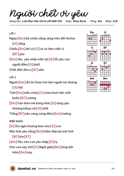 Hợp âm Người chết vì yêu (Elvis Phương) – bản nhạc PDF trang 1, tông Em