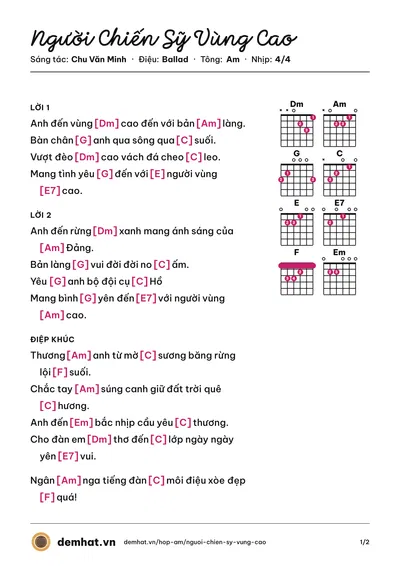Hợp âm Người Chiến Sỹ Vùng Cao (Bùi Thúy) – bản nhạc PDF trang 1, tông Am