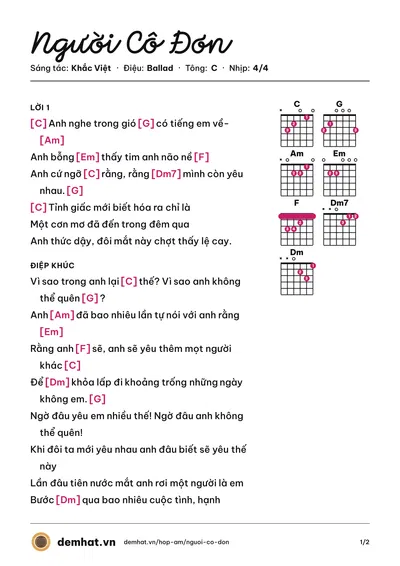 Hợp âm Người Cô Đơn (Khắc Việt) – bản nhạc PDF trang 1, tông C