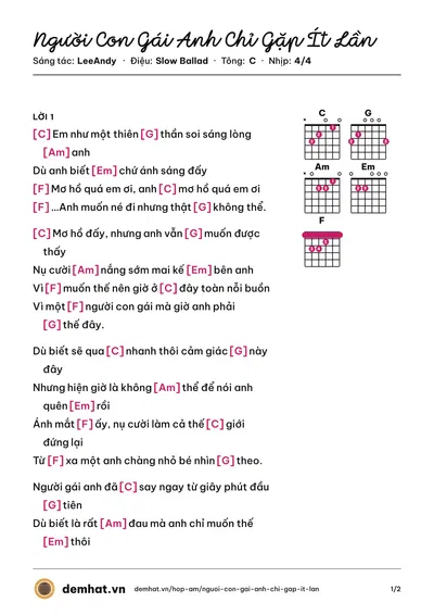 Hợp âm Người Con Gái Anh Chỉ Gặp Ít Lần (LeeAndy) – bản nhạc PDF trang 1, tông C