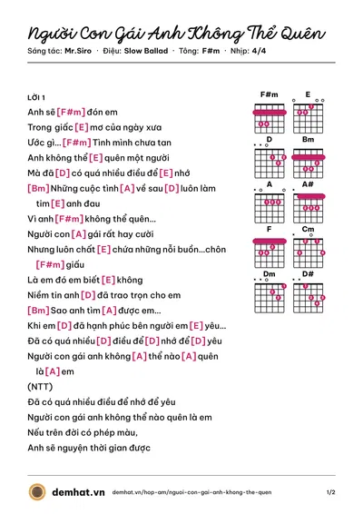 Hợp âm Người Con Gái Anh Không Thể Quên (Mr.Siro) – bản nhạc PDF trang 1, tông F#m