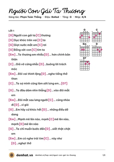 Hợp âm Người Con Gái Ta Thương (Hà Anh Tuấn) – bản nhạc PDF trang 1, tông G