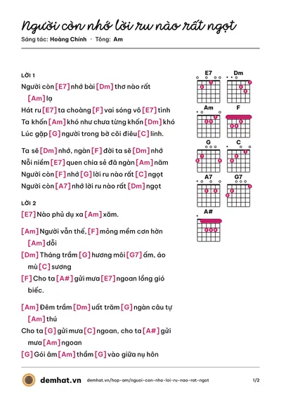 Hợp âm Người còn nhớ lời ru nào rất ngọt (Hoàng Quân) – bản nhạc PDF trang 1, tông Am