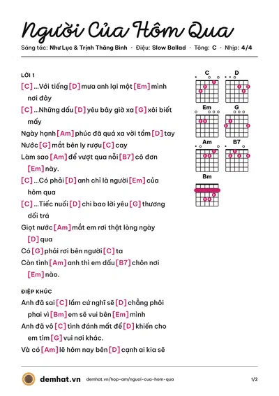 Hợp âm Người Của Hôm Qua (Ông Cao Thắng) – bản nhạc PDF trang 1, tông C