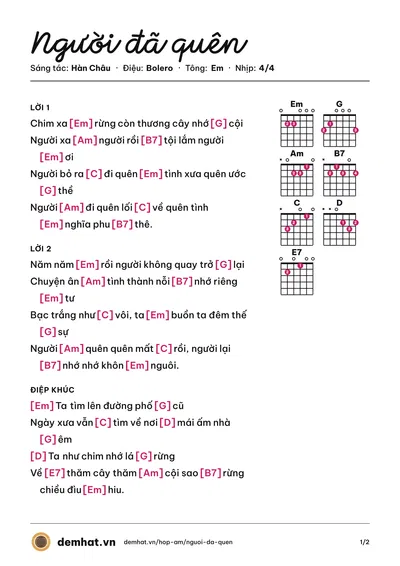 Hợp âm Người đã quên (Huỳnh Thật) – bản nhạc PDF trang 1, tông Em
