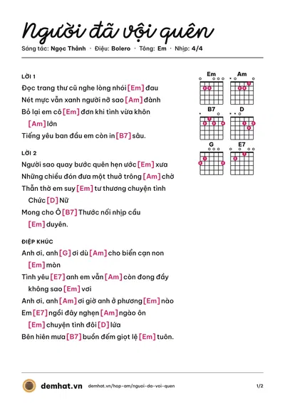 Hợp âm Người đã vội quên (Băng Tâm) – bản nhạc PDF trang 1, tông Em