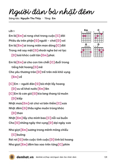 Hợp âm Người đàn bà nhặt đêm (Nguyễn Thu Thủy) – bản nhạc PDF trang 1, tông Em