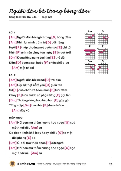 Hợp âm Người đàn bà trong bóng đêm (Kana Ngọc Thúy) – bản nhạc PDF trang 1, tông Am