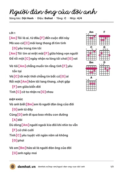 Hợp âm Người đàn ông của đời anh (Dật Hanh) – bản nhạc PDF trang 1, tông C