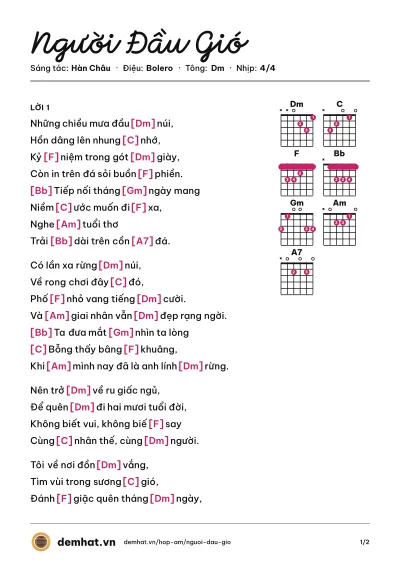 Hợp âm Người Đầu Gió (Duy Khánh) – bản nhạc PDF trang 1, tông Dm