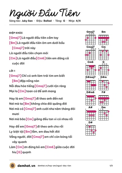 Hợp âm Người Đầu Tiên (Juky San) – bản nhạc PDF trang 1, tông G