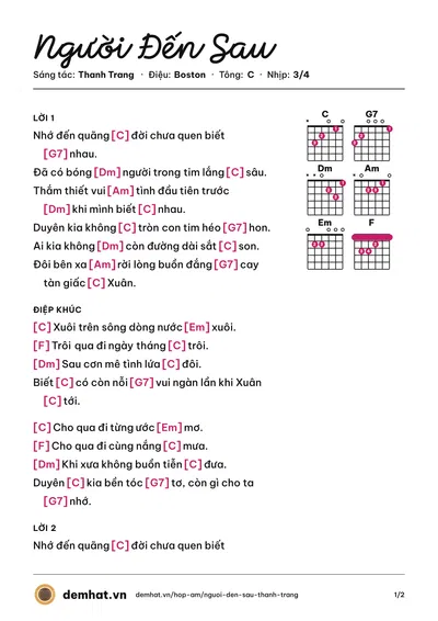 Hợp âm Người Đến Sau (Hồng Tước) – bản nhạc PDF trang 1, tông C