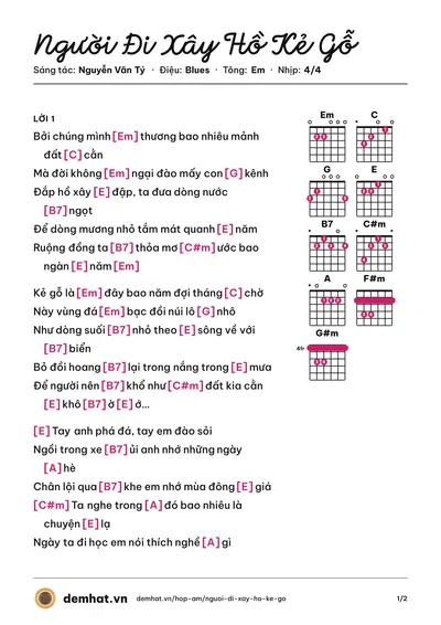 Hợp âm Người Đi Xây Hồ Kẻ Gỗ (Trọng Tấn) – bản nhạc PDF trang 1, tông Em