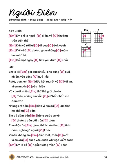 Hợp âm Người Điên (Tlinh) – bản nhạc PDF trang 1, tông Em