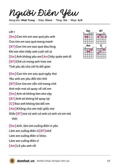 Hợp âm Người Điên Yêu (Minh Hằng) – bản nhạc PDF trang 1, tông Em