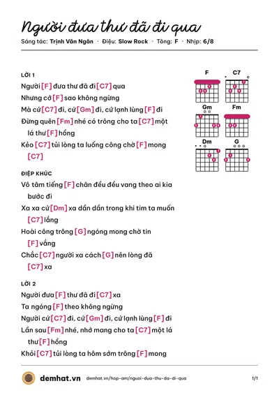 Hợp âm Người đưa thư đã đi qua (Thanh Lan (trước 75)) – bản nhạc PDF trang 1, tông F