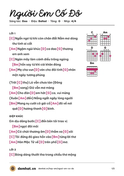 Hợp âm Người Em Cố Đô (Rum) – bản nhạc PDF trang 1, tông G