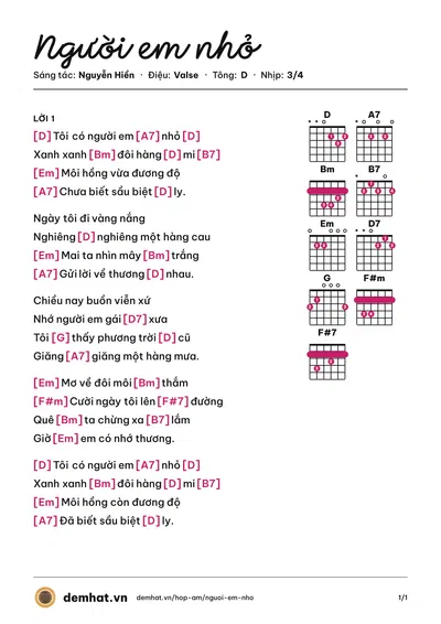 Hợp âm Người em nhỏ (Nguyễn Hiền) – bản nhạc PDF trang 1, tông D