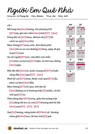 Hợp âm Người Em Quê Nhà (Hoài Mạnh Nam) – bản nhạc PDF trang 1, tông Am