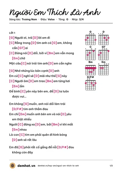 Hợp âm Người Em Thích Là Anh (TYU) – bản nhạc PDF trang 1, tông G