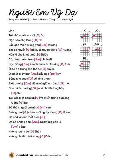 Hợp âm Người Em Vỹ Dạ (Quang Lê) – bản nhạc PDF trang 1, tông C