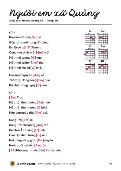 Hợp âm Người em xứ Quảng (Vân Khánh) – bản nhạc PDF trang 1, tông Em