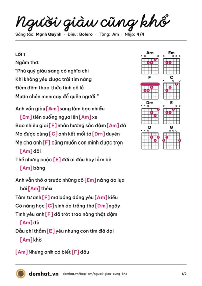 Hợp âm Người giàu cũng khổ (Mạnh Quỳnh) – bản nhạc PDF trang 1, tông Am