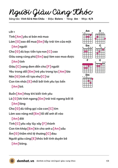 Hợp âm Người Giàu Cũng Khóc (Trường Vũ) – bản nhạc PDF trang 1, tông Am