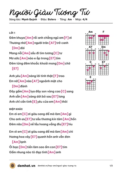 Hợp âm Người Giàu Tương Tư (Thiên Quang) – bản nhạc PDF trang 1, tông Am