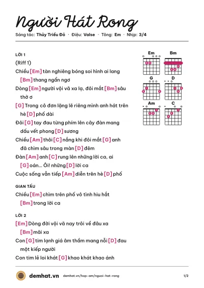 Hợp âm Người Hát Rong (Thủy Triều Đỏ) – bản nhạc PDF trang 1, tông Em