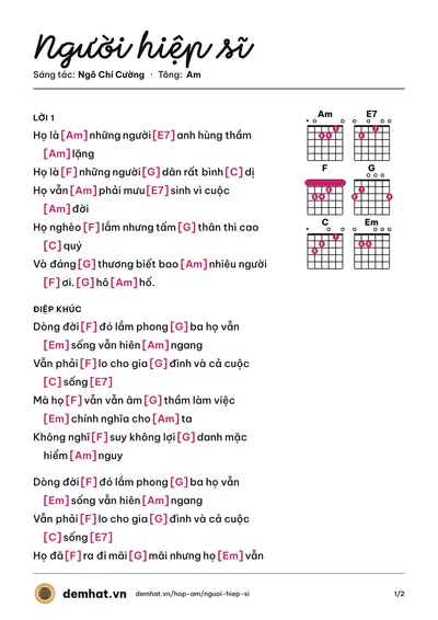 Hợp âm Người hiệp sĩ (Ngô Chí Cường) – bản nhạc PDF trang 1, tông Am