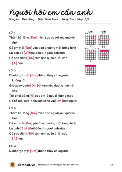 Hợp âm Người hỡi em cần anh (Thái Hùng) – bản nhạc PDF trang 1, tông Dm