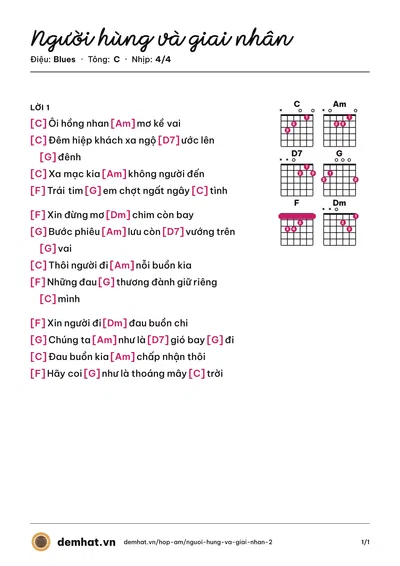 Hợp âm Người hùng và giai nhân – bản nhạc PDF trang 1, tông C