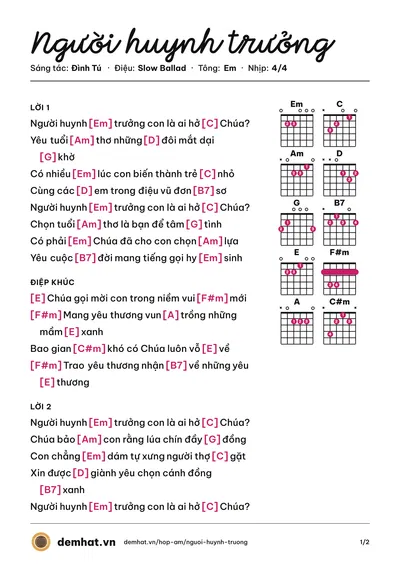 Hợp âm Người huynh trưởng (Quân Keyboard) – bản nhạc PDF trang 1, tông Em