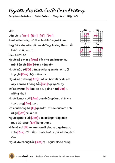 Hợp âm Người Lạ Nơi Cuối Con Đường (JustaTee) – bản nhạc PDF trang 1, tông Am