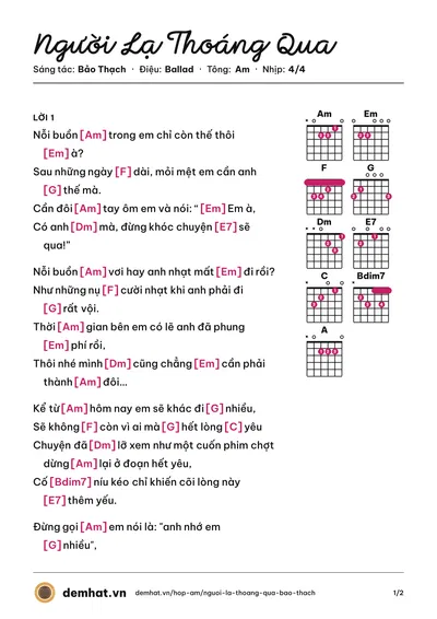 Hợp âm Người Lạ Thoáng Qua (Khởi My) – bản nhạc PDF trang 1, tông Am