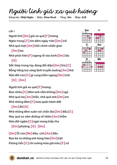 Hợp âm Người lính già xa quê hương (Nhật Ngân) – bản nhạc PDF trang 1, tông Dm