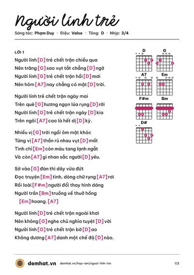 Hợp âm Người lính trẻ (Phạm Duy) – bản nhạc PDF trang 1, tông D