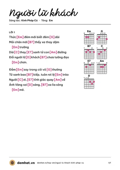 Hợp âm Người lữ khách (Hương Lan) – bản nhạc PDF trang 1, tông Em