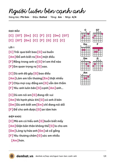 Hợp âm Người luôn bên cạnh anh (Phi Sơn) – bản nhạc PDF trang 1, tông Am
