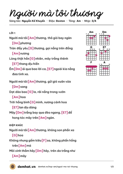 Hợp âm Người mà tôi thương (Diệu Hiền) – bản nhạc PDF trang 1, tông Am