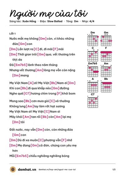 Hợp âm Người mẹ của tôi (Long Nhật) – bản nhạc PDF trang 1, tông Dm