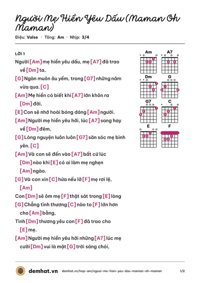 Hợp âm Người Mẹ Hiền Yêu Dấu (Maman Oh Maman) (Ngọc Lan) – bản nhạc PDF trang 1, tông Am
