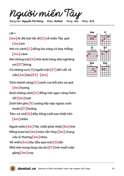 Hợp âm Người miền Tây (Nguyễn Phi Hùng) – bản nhạc PDF trang 1, tông Am