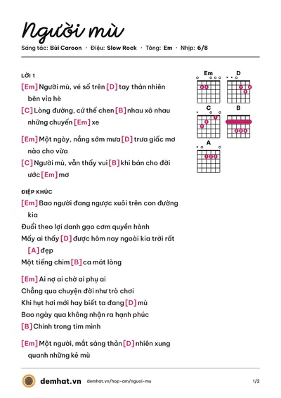 Hợp âm Người mù (Bùi Caroon) – bản nhạc PDF trang 1, tông Em