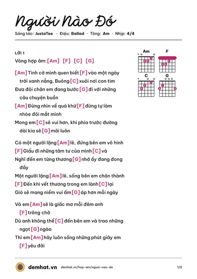 Hợp âm Người Nào Đó (JustaTee) – bản nhạc PDF trang 1, tông Am