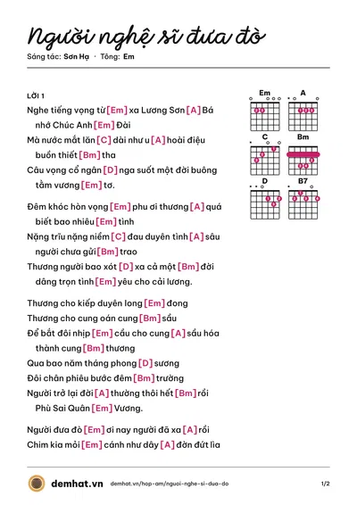 Hợp âm Người nghệ sĩ đưa đò (Sơn Hạ) – bản nhạc PDF trang 1, tông Em