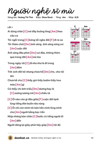 Hợp âm Người nghệ sĩ mù (Hùng Cường (trước 75)) – bản nhạc PDF trang 1, tông Am
