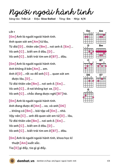 Hợp âm Người ngoài hành tinh (Âu Bảo Ngân) – bản nhạc PDF trang 1, tông Em